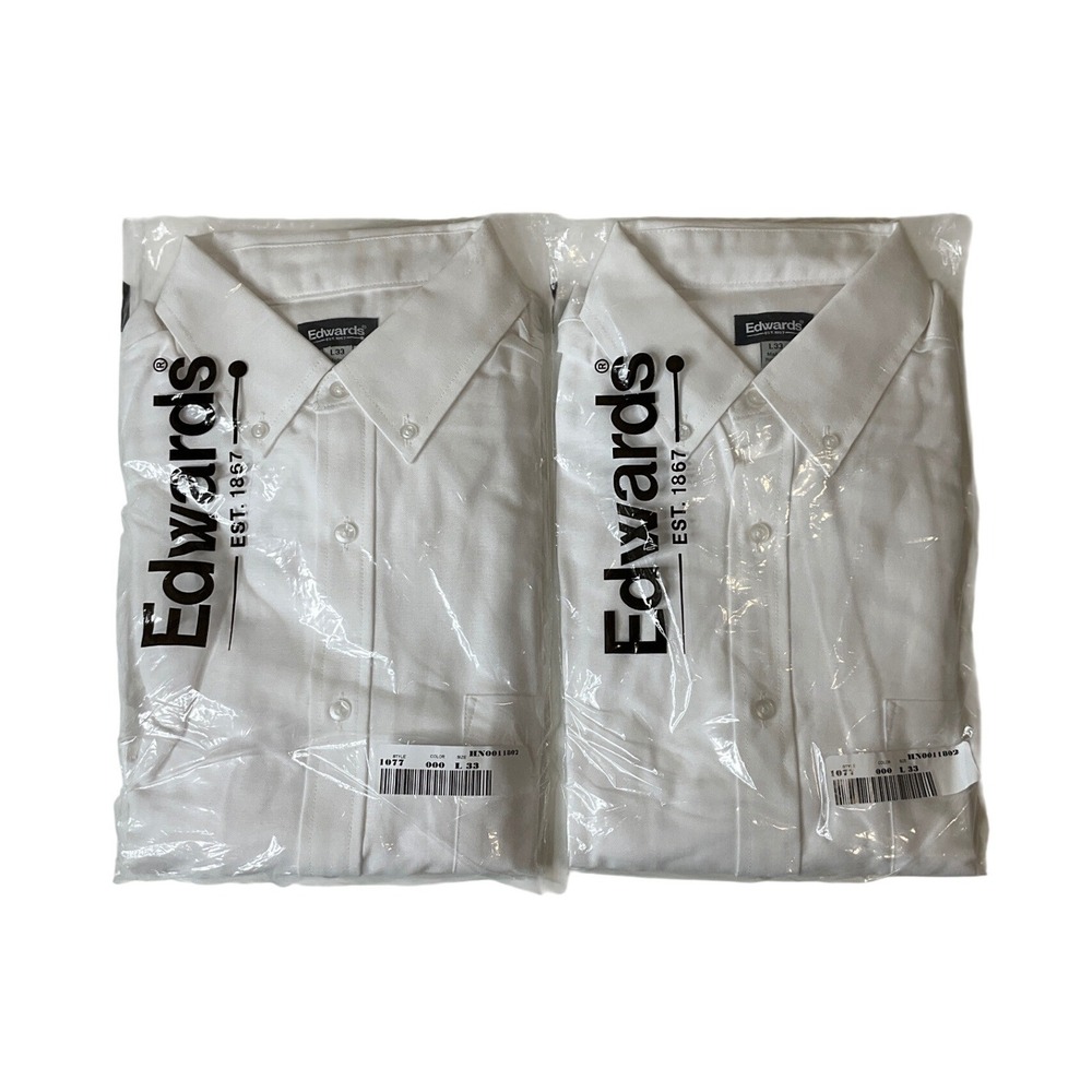 Lot (2) Edwards Easy Care Oxford White Button Down Dress‎ Shirt Long Sleeve L